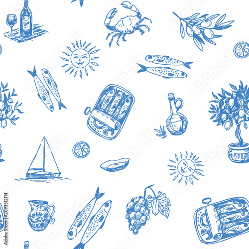Mediterranean seamless pattern,  hand drawn vector object, food,  sardines, lemons, seascapes