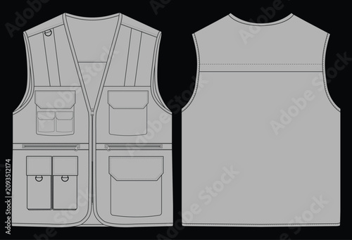 Men's Multi Pocket Utility Fishing Vest Front and Back Technical Fashion Flat Sketch Vector Template