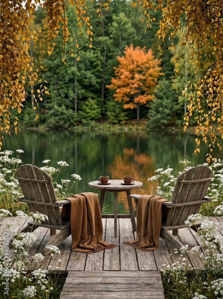 Fototapeta premium Two wooden chairs with blankets by a lake, autumn forest view.