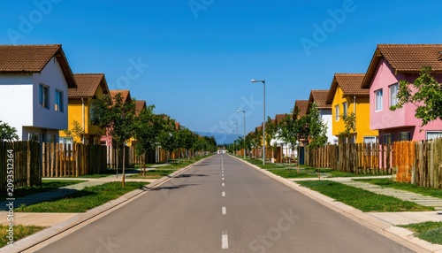 A neat street lined with colorful, modern houses under a clear blue sky
