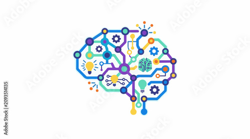 Abstract representation of a human brain with colorful interconnected circuits and gears symbolizing intelligence and technology.