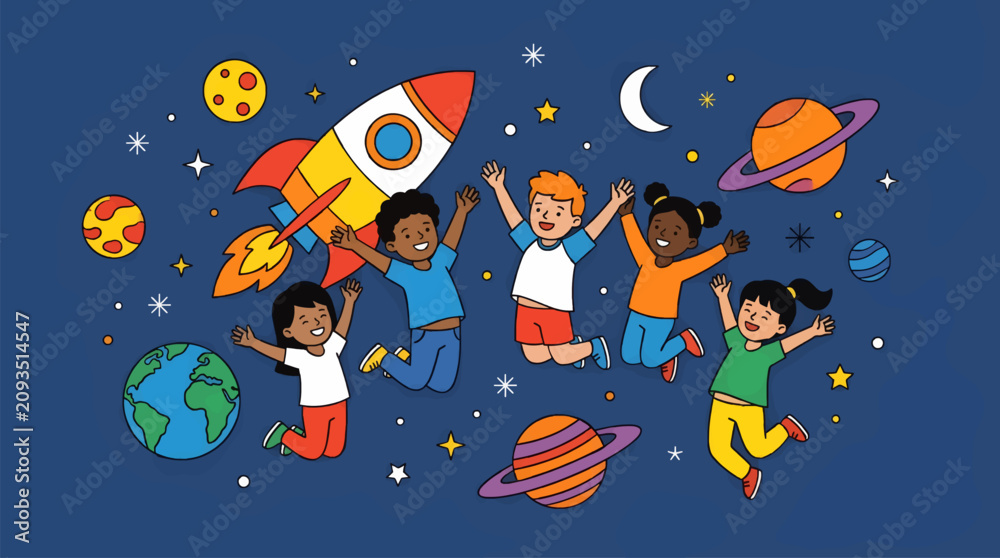 Naklejka premium Diverse Happy Children Jumping in Space with Rocket, Planets, Moon and Earth, Flat Illustration Style, Vibrant Colors, Dark Blue Background with Stars