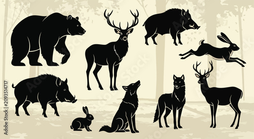 Photography Collection of Various Wild Animals Silhouettes in Black.