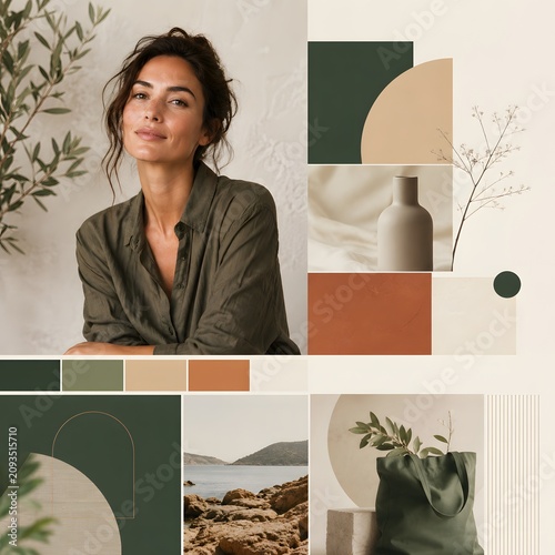 Mood board with woman, natural textures and earth tone color palette