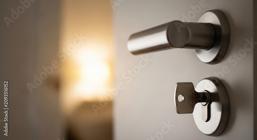 Close-up of an apartment door handle with a key inserted, hinting at access and security