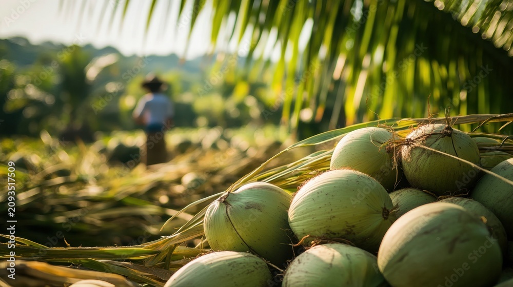 Obraz premium Abundant harvest of fresh green coconuts piled up on the ground in a tropical plantation