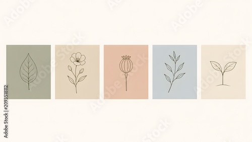 Minimalist botanical line art set with pastel square backgrounds