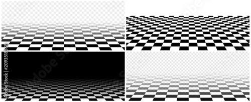 Chess board background with perspective floor view. Classic checkerboard pattern forms collection for game thinking and competition. Vector planning and intellectual concept design set