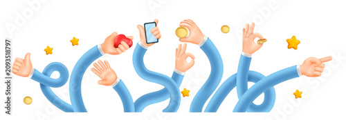Flexible 3D hand performing waving and pointing, thumbs up and positive interaction poses. Elongated arms holding phone, heart and coin. Vector playful isolated collection for social media