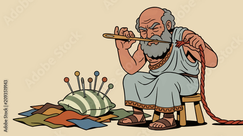 Canvas Print Ancient Greek Philosopher Character Illustration, Sewing with Needle and Thread,
