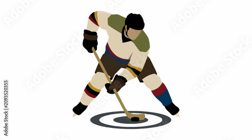 Photography Flat Design Hockey Player in Action with Stick and Puck on Ice, Dynamic Sports I