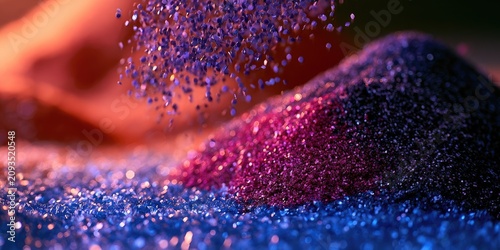 Fine purple and pink glitter cascades onto a glittering blue surface