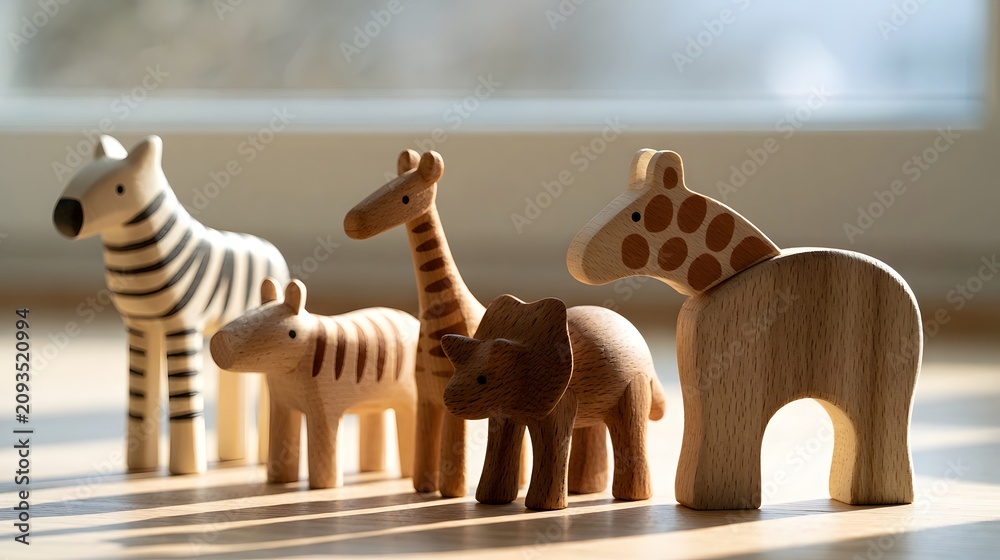 Obraz premium A row of minimalist wooden toy animals standing in sunlight on a smooth floor near a bright window