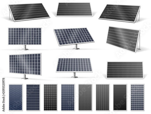 Solar panels. Electricity technology and realistic power equipment. Rectangular photovoltaic systems on simple support frame and adjustable stand. Vector sustainable energy and environmental projects