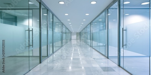 Long, modern hallway with glass walls and polished marble floor
