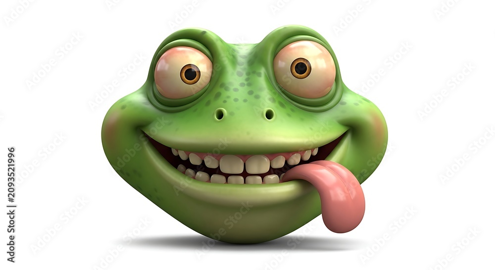 Fototapeta premium Funny Green Cartoon Frog Face Smiling with Tongue Out on White Background
