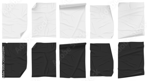 Glued paper sheets with curled corners and natural wrinkle textures. Parchments with rolled edge and adhesive attachment. Vector isolated monochrome pages with folded tips and subtle ripples
