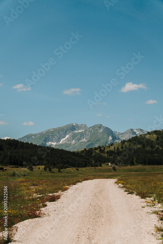 Gravel road leading toward the peaks of Durmitor National Park in Montenegro. Scenic mountain landscape under a clear summer sky.