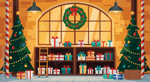Quadro su tela Festive Christmas Workshop Interior Scene Vector Illustration Design Featuring D