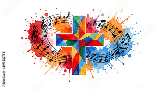 Spiritual gospel music concept with colorful cross and melodies