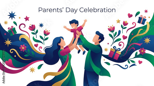Parents' day festive scene with family and colorful swirls