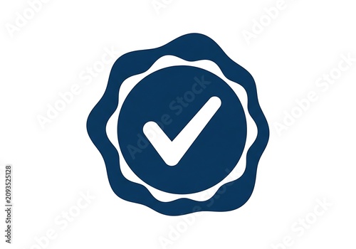 Dark blue verified seal icon with a checkmark symbol representing quality assurance and certified validation for professional digital user interfaces