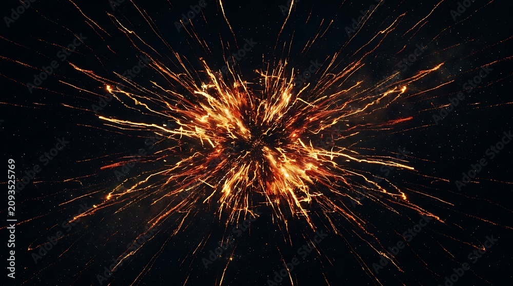 Obraz premium Dramatic fireworks explosion in night sky. Vibrant burst of sparks and golden embers lighting up darkness. Stunning visual for celebrations, events...