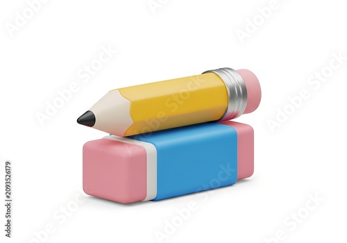 3D Render of a Sharpened Yellow Pencil Resting Balanced on a Rectangular Pink and Blue Eraser Isolated on White Background