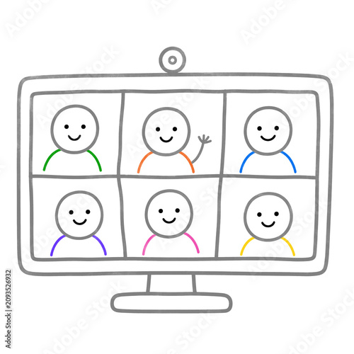 Hand-drawn illustration themed around remote work, online learning, and video chat communication. Isolated on a transparent background