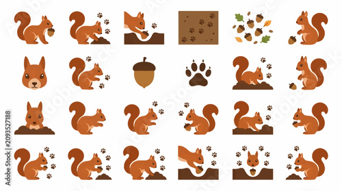 Konstfotografi Flat Design Vector Icon Sheet of Squirrels Burying Acorns and Paw Prints, Autumn