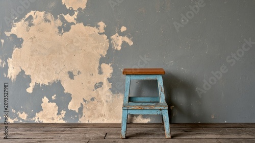 A weathered blue wooden stool sits before a textured, peeling gray wall