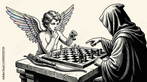 Tableau sur toile Cupid and Grim Reaper Play Chess, Symbolizing Life and Death Strategy, Vector Il