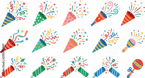 Foto Colorful celebration party popper sticker set with exploding confetti streamers