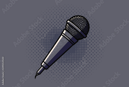 Classic handheld microphone vector illustration on a dark dotted retro background in a comic pop art style.