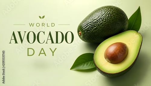 World Avocado Day Creative Banner with Whole and Halved Fresh Ripe Avocado on Soft Green Background