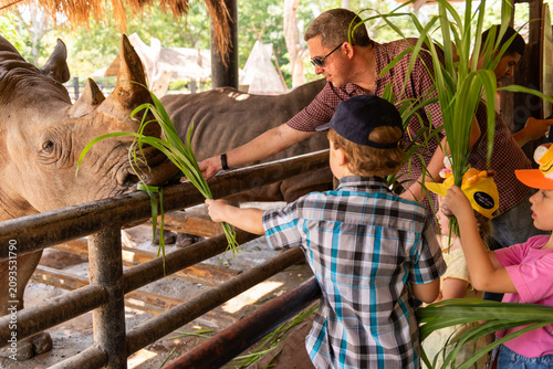Fotografie Family feeding rhinos together joyfully