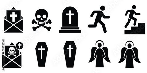 Tableau sur toile Funeral vector icon featuring death, tombstones, crosses, urns, candles, mourning symbols, memorial graphics, and obituary tribute illustration