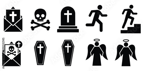 Tableau sur toile Funeral vector icon featuring death, tombstones, crosses, urns, candles, mourning symbols, memorial graphics, and obituary tribute illustration