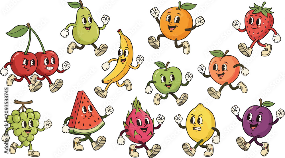 Obraz premium Retro Cartoon Fruit Character Collection with Funny Faces and Running Pose, Groovy Vintage Fruit Mascot Vector Illustration Set