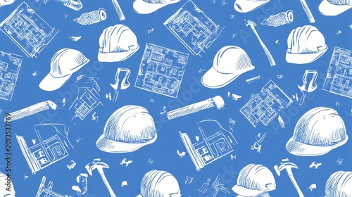 seamless pattern of construction tools, helmets 