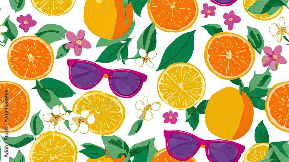 Obraz premium seamless pattern of summer citrus fruits, sunglasses without logos and beach flowers
