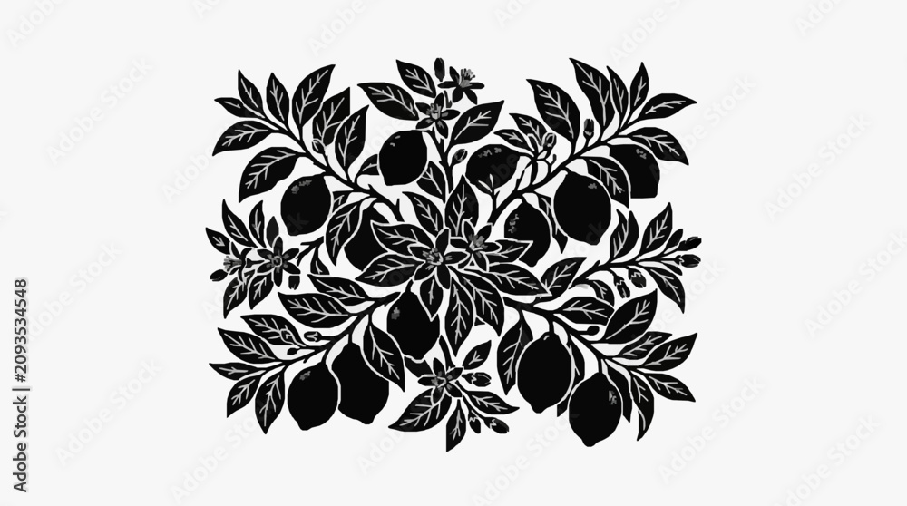 Obraz premium Black and white illustration of citrus fruits and leaves.