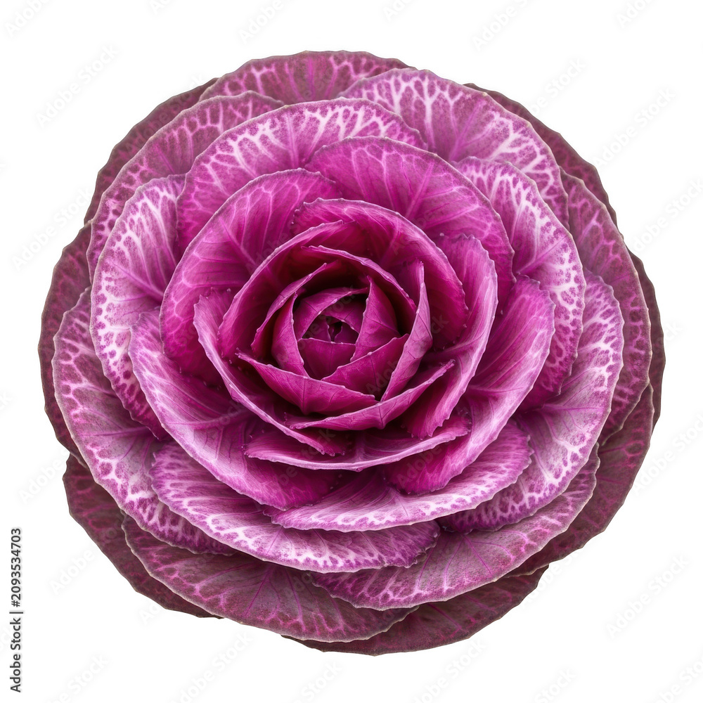 Obraz premium Top-down view of a vibrant purple ornamental cabbage, showing intricate leaf patterns and symmetrical layers isolated against a solid black background