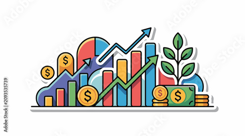 Colorful graphic illustration of financial growth and investment with charts and coins