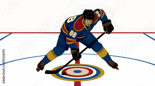 Photography Dynamic Ice Hockey Player in Blue and Gold Uniform Skating with Stick and Puck o