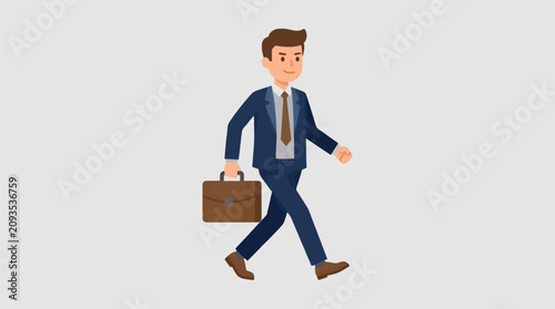 Tableau sur toile Flat Design Businessman Walking with Briefcase, Confident Strides and Purposeful