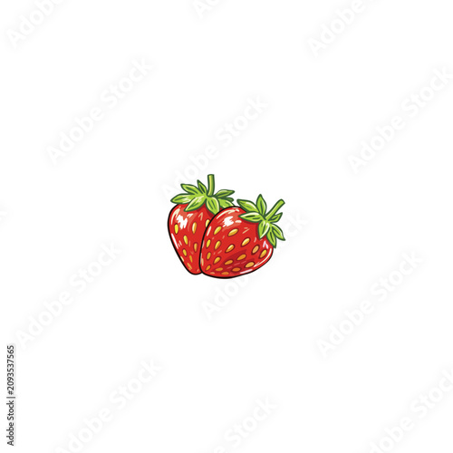 ute hand drawn vector illustration of two fresh red strawberries with green leaves, yellow seeds and glossy highlight on a clean white background. Cartoon style with bold outlines and vibrant colors. 