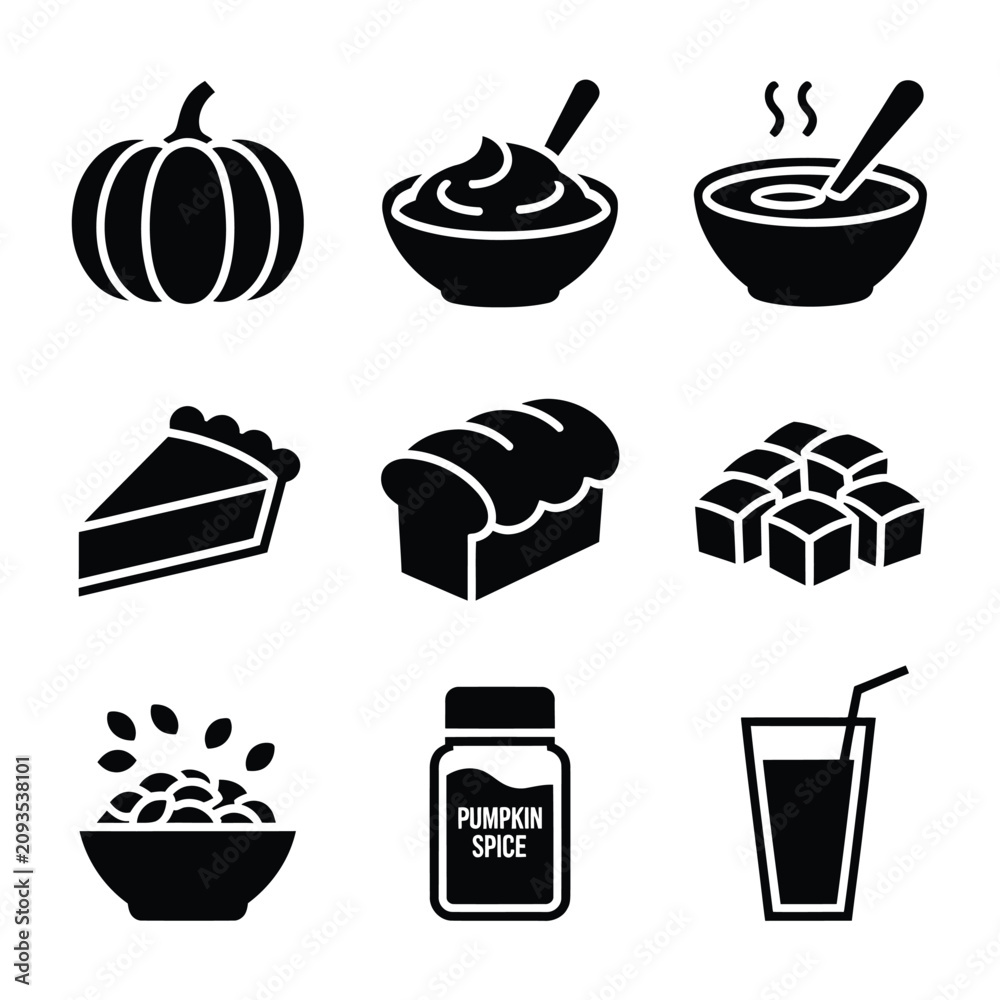 Fototapeta premium Black and white icons of food and drink for Thanksgiving celebration
