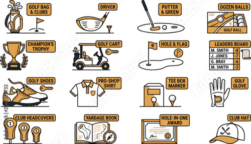 Fotografie Golf Equipment and Tournament Color Icon Set with Clubs, Accessories, Awards and