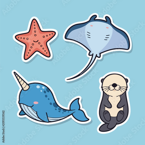 Adorable cartoon ocean animal stickers set including narwhal, starfish, manta ray, and sea otter.